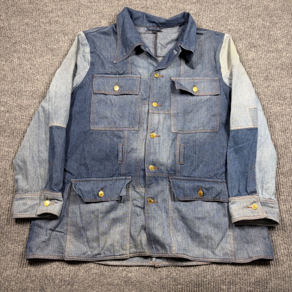 Touch Me Shirt Womens 3XL Blue Patchwork Denim Jacket Gold Button Shacket 8596
